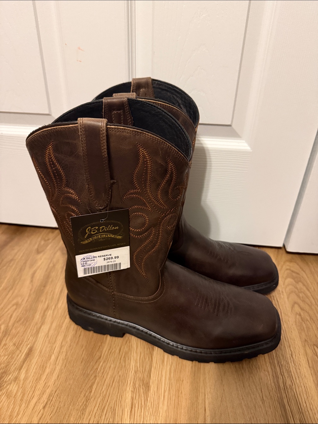 J.B. Dillon Men's Dark Brown Western Work Boots With Embroidered Shaft